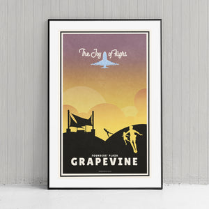 A retro style poster of DFW Airport’s observation area with children playing and an airplane flying overhead. It has the words “The Joy of Flight” at the top. The print primarily in bold black with bright colors. There are additional words a the bottom that says “Founders’ Plaza, Grapevine”.