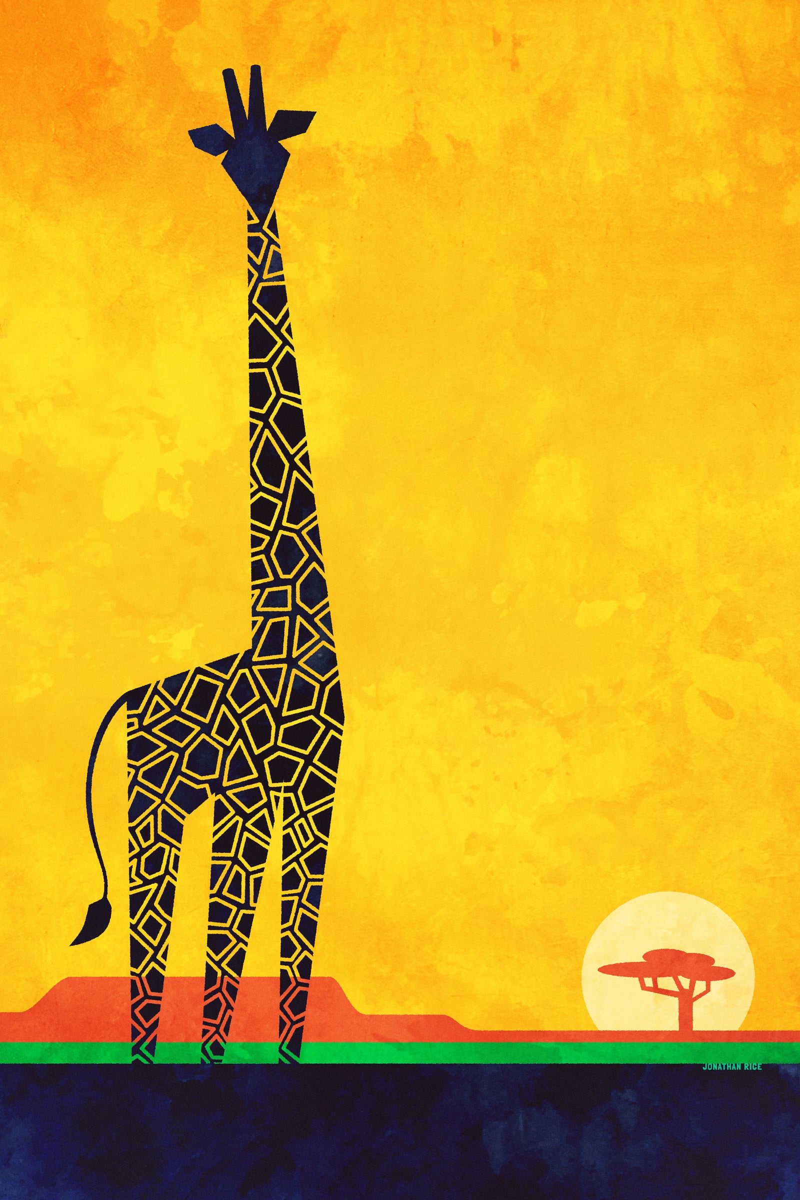 Primitive art print of an African Giraffe on the savannah created in a mid-century modern style with bold gold, red, green and black colors..