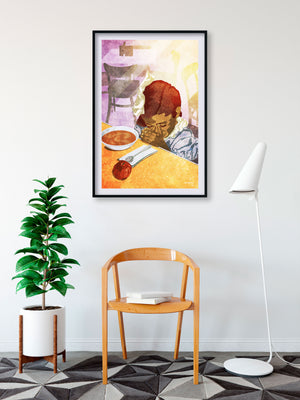 Retro style giclée art print portrait of a little black girl saying grace over her food in an old fashioned diner.