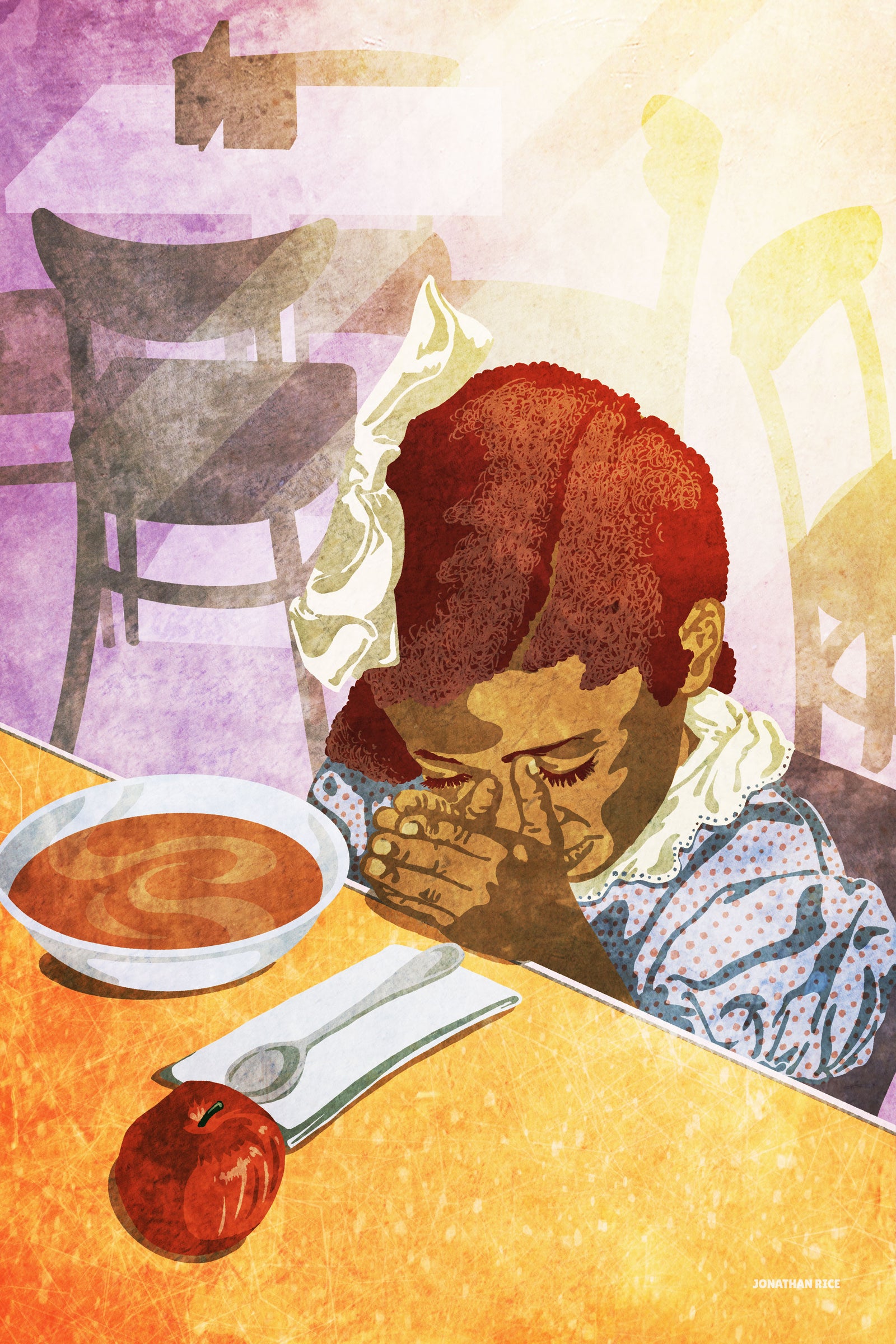 Retro style giclée art print portrait of a little black girl saying grace over her food in an old fashioned diner.