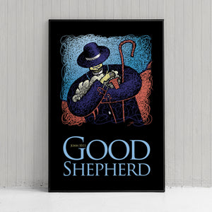 Graphic art print of a shepherd holding a sheep with title "Good Shepherd" John 10:11. 