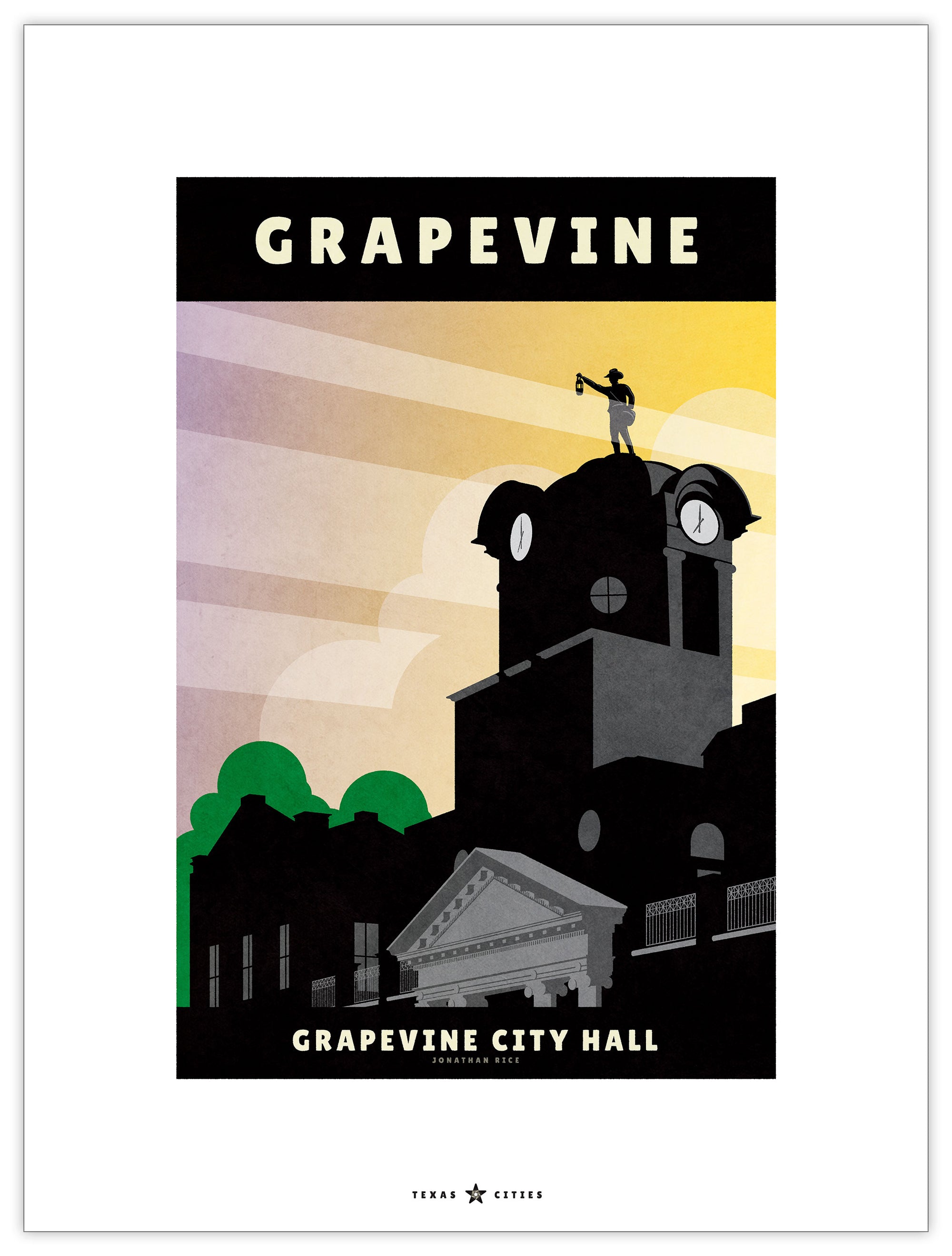 Giclée art print and travel poster of the City Hall building in Grapevine, Texas, featuring clock tower, with sculpture of cowboy holding lamp with sunset rays in background.
