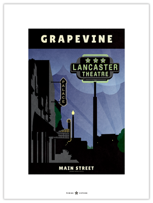 Art print and travel poster of neon signs in small town USA — Grapevine, Texas, featuring the Lancaster Theater and Palace Movie Theater neon signs.