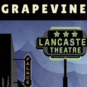 Detail of art print and travel poster of neon signs in small town USA — Grapevine, Texas, featuring the Lancaster Theater and Palace Movie Theater neon signs.