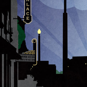 Detail of Art print and travel poster of neon signs in small town USA — Grapevine, Texas, featuring the Lancaster Theater and Palace Movie Theater neon signs.