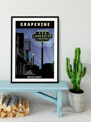 Art print and travel poster of neon signs in small town USA — Grapevine, Texas, featuring the Lancaster Theater and Palace Movie Theater neon signs.