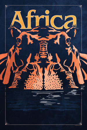 Bold graphic giclée art print of an African Hippopotamus. Print shows an African Hippo blending into a dark background and overlapping the word “Africa”.