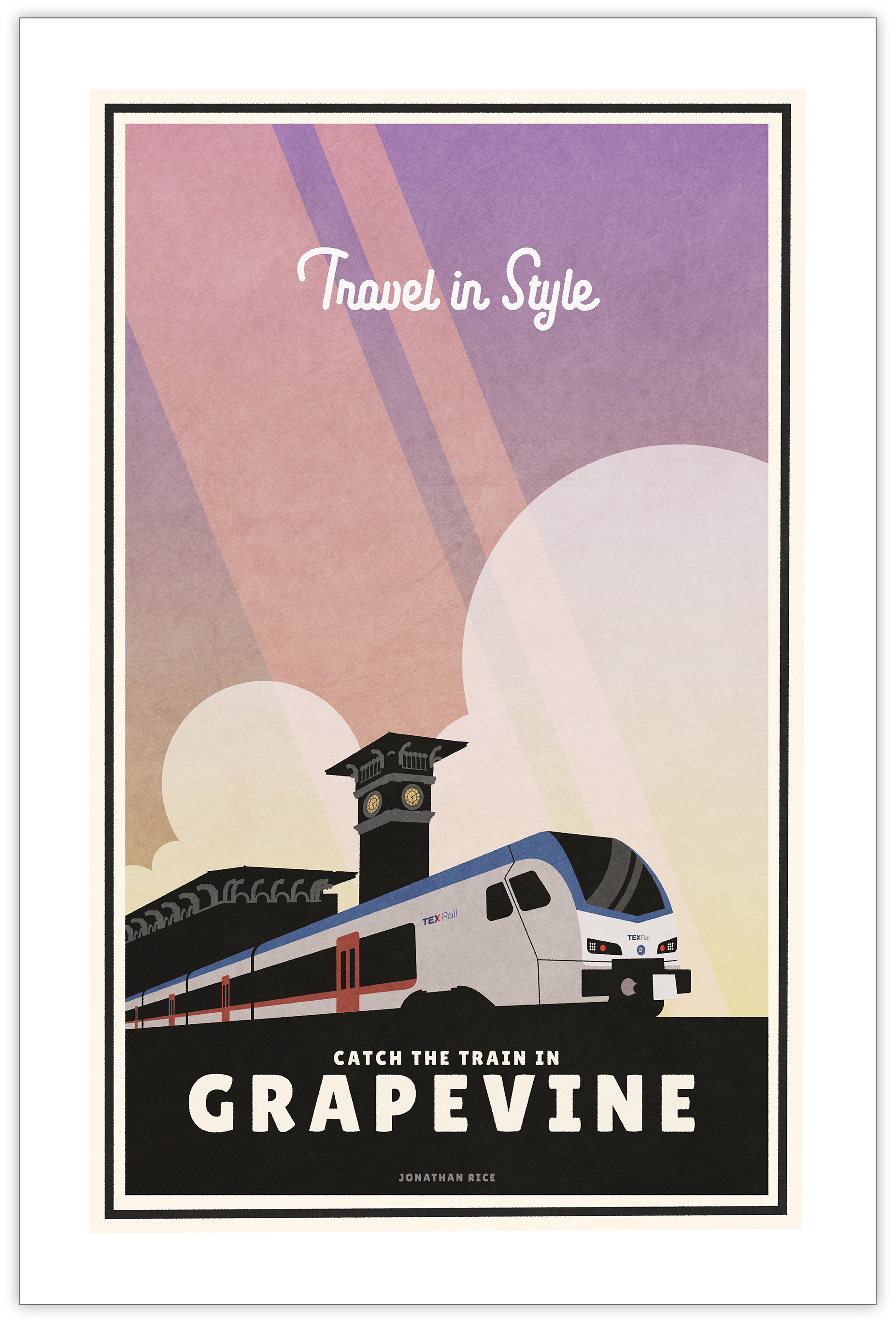 A retro style poster of a Texas Commuter Train with the words “Travel in Style”. Print depicts a modern commuter train passing an iconic clock tower and is bold black with bright colors. There are additional words a the bottom that says “Catch the train in Grapevine”.