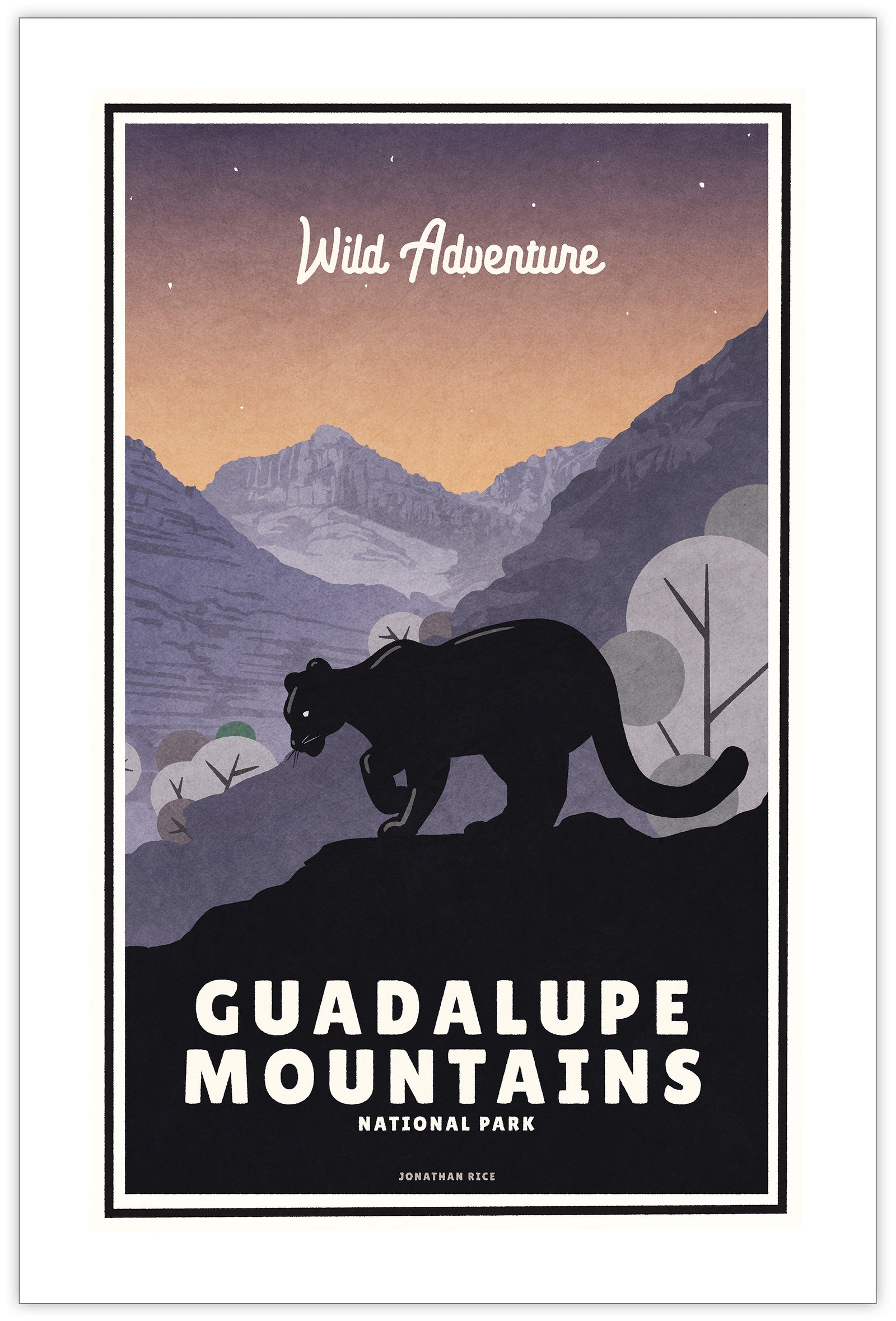 A retro style giclée art print of a mountain lion in Guadalupe Mountains National Park in Texas. It has the words “Wild Adventure” at the top. The print primarily is in bold navy blue with bright sunset colors. There are additional words a the bottom that says “Guadalupe Mountains National Park”.