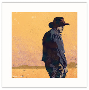 Modern style giclée art print of a western gunslinger. It features dusty sunset colors and gritty texture with a minimalist western landscape in the background.