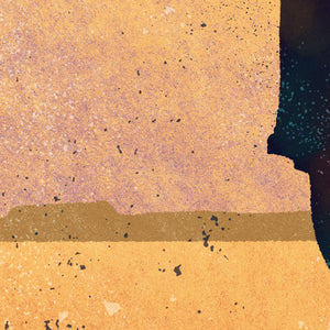 Detail of Modern style giclée art print of a western gunslinger. It features dusty sunset colors and gritty texture with a minimalist western landscape in the background.