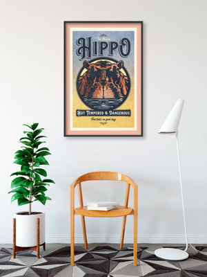 Vintage style humorous African Hippopotamus art print with bold typography and graphics inspired by old travel, and wildlife posters of the 1930s 40s and 50s. Print shows a Hippo rising out of the water surrounded by graphics. 