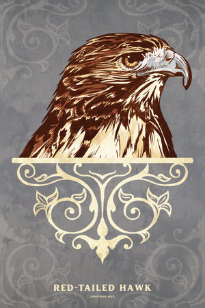 Bold graphic giclée art print of a Red-Tailed Hawk. Print is a portrait of a Red-Tailed Hawk adorning the top of a beautiful graphic ornament on a blue green background with the words “Red-Tailed Hawk” below.