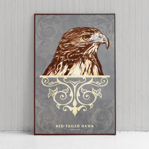 Bold graphic giclée art print of a Red-Tailed Hawk. Print is a portrait of a Red-Tailed Hawk adorning the top of a beautiful graphic ornament on a blue green background with the words “Red-Tailed Hawk” below.