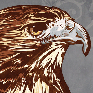 Detail of Bold graphic giclée art print of a Red-Tailed Hawk. Print is a portrait of a Red-Tailed Hawk adorning the top of a beautiful graphic ornament on a blue green background with the words “Red-Tailed Hawk” below.