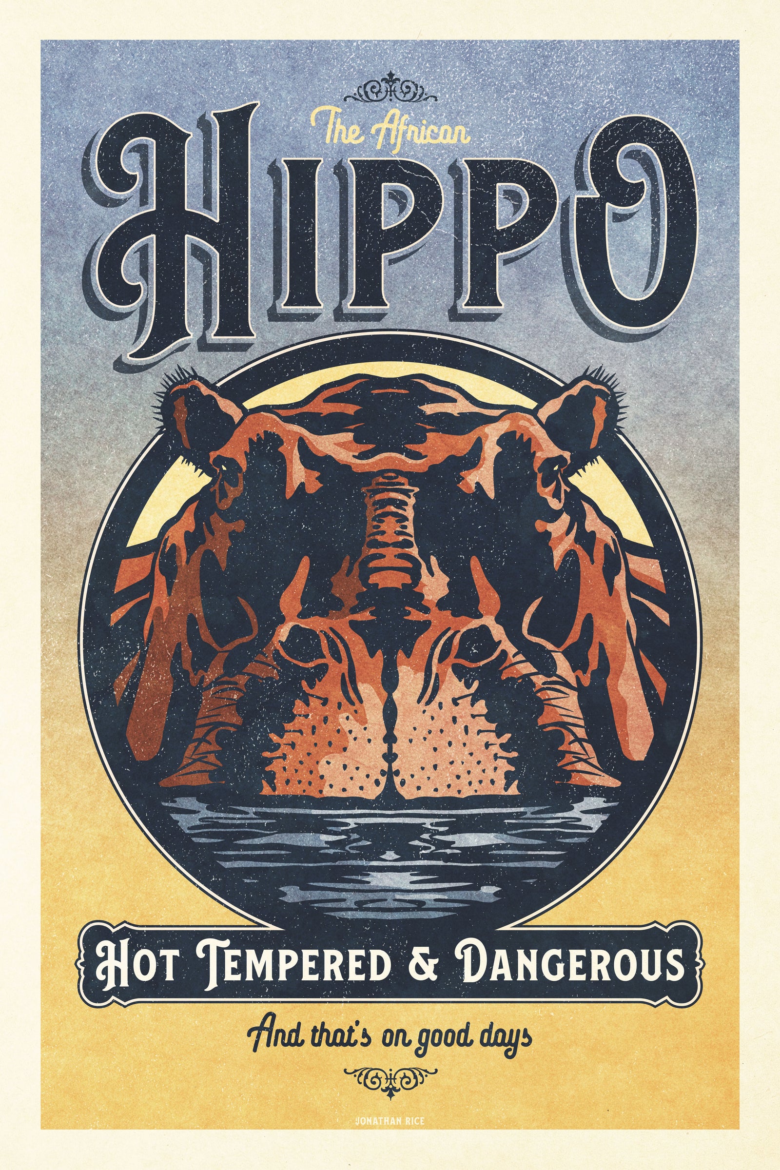 Vintage style humorous African Hippopotamus art print with bold typography and graphics inspired by old travel, and wildlife posters of the 1930s 40s and 50s. Print shows a Hippo rising out of the water surrounded by graphics. 