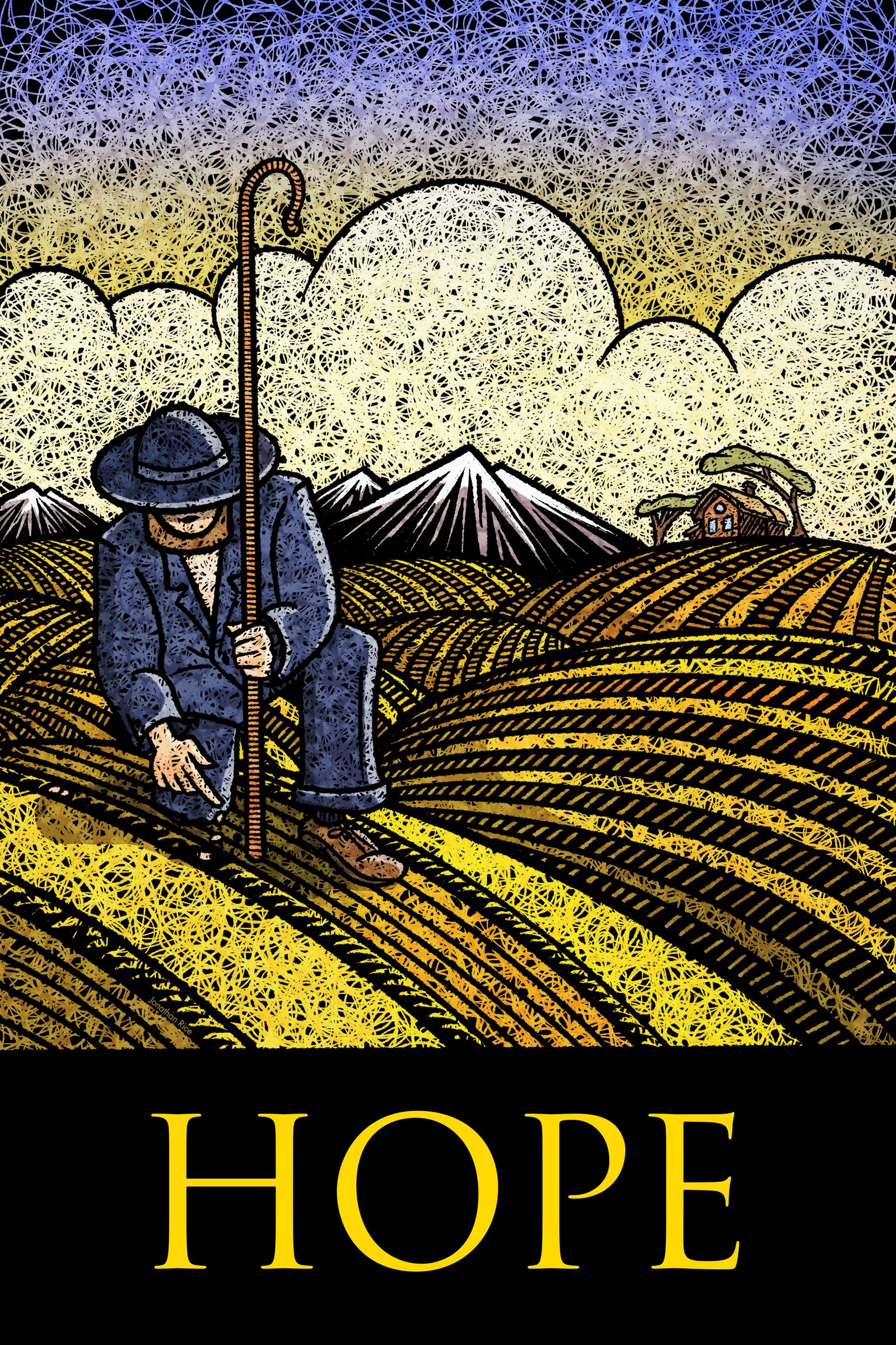 Graphic art print of farmer planting seeds in a field with mountains and farmhouse in the background and the title "Hope".