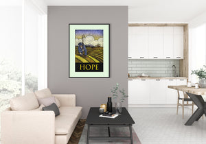 Graphic art print of farmer planting seeds in a field with mountains and farmhouse in the background and the title "Hope".