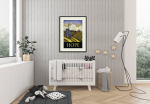 Graphic art print of farmer planting seeds in a field with mountains and farmhouse in the background and the title "Hope".