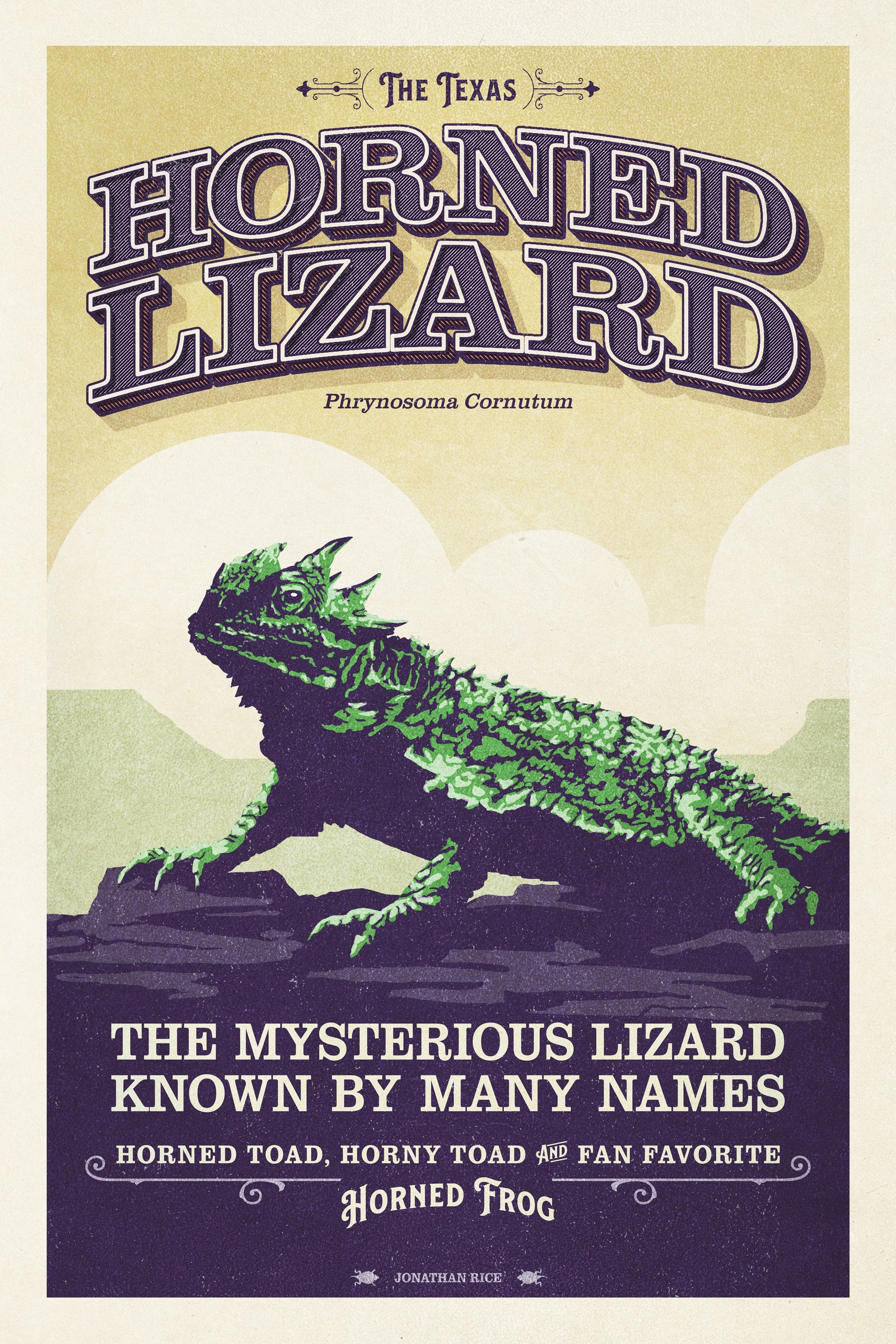 Retro style giclée art print of a Texas Horned Lizard (Horned Frog) on a rocky ledge, with mesas and clouds in the background. It has dusty colors, textures, and ornate typography, with a headline that says “The Texas Horned Lizard”. 