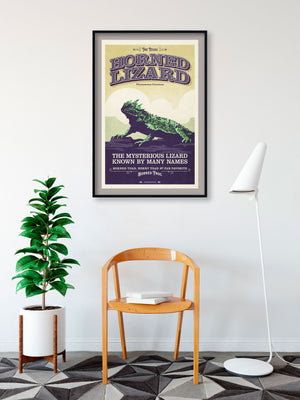 Retro style giclée art print of a Texas Horned Lizard (Horned Frog) on a rocky ledge, with mesas and clouds in the background. It has dusty colors, textures, and ornate typography, with a headline that says “The Texas Horned Lizard”. 
