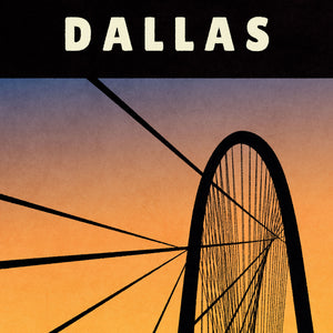 Giclée art print travel poster of The Margaret Hunt Hill signature bridge at sunset in Dallas, Texas.