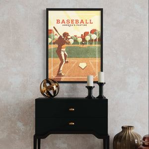 Retro styled giclée art print of an American Baseball Player at home plate about to swing. The baseball player is shown about to swing at the fastball that has been thrown inside a local ballpark. It’s warm color palette, gritty texture and vintage typography will make a great impression in any room.