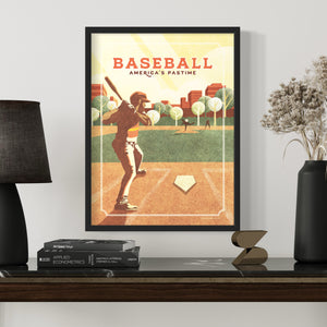 Retro styled giclée art print of an American Baseball Player at home plate about to swing. The baseball player is shown about to swing at the fastball that has been thrown inside a local ballpark. It’s warm color palette, gritty texture and vintage typography will make a great impression in any room.