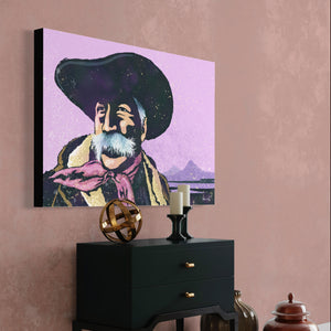 Modern style giclée art print of a cowboy on a cold winter’s day. It is brightly colored, yet has gritty texture overall. There are mountains in the background.