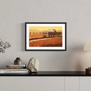 Modern style giclée art print of an old pickup truck in a field. It is brightly colored, yet has gritty texture overall. There is a field and barbed wire fence in the background.