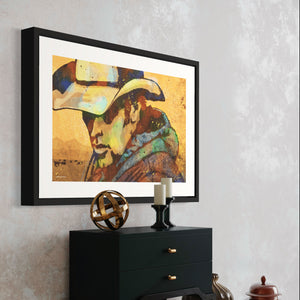 Modern style giclée art print of a melancholy marverick (cowboy) on the range. It is brightly colored, yet has gritty texture overall. There are cows and mountains in the background.