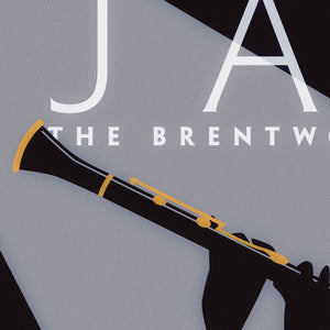 Black graphic giclee art print of female jazz clarinet player with spotlight.