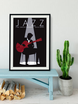 Black graphic giclee art print of male jazz guitarist with spotlight.