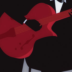 Black graphic giclee art print of male jazz guitarist with spotlight.