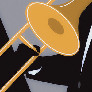 Black graphic giclee art print of male jazz trombone player wearing sunglasses with spotlight.