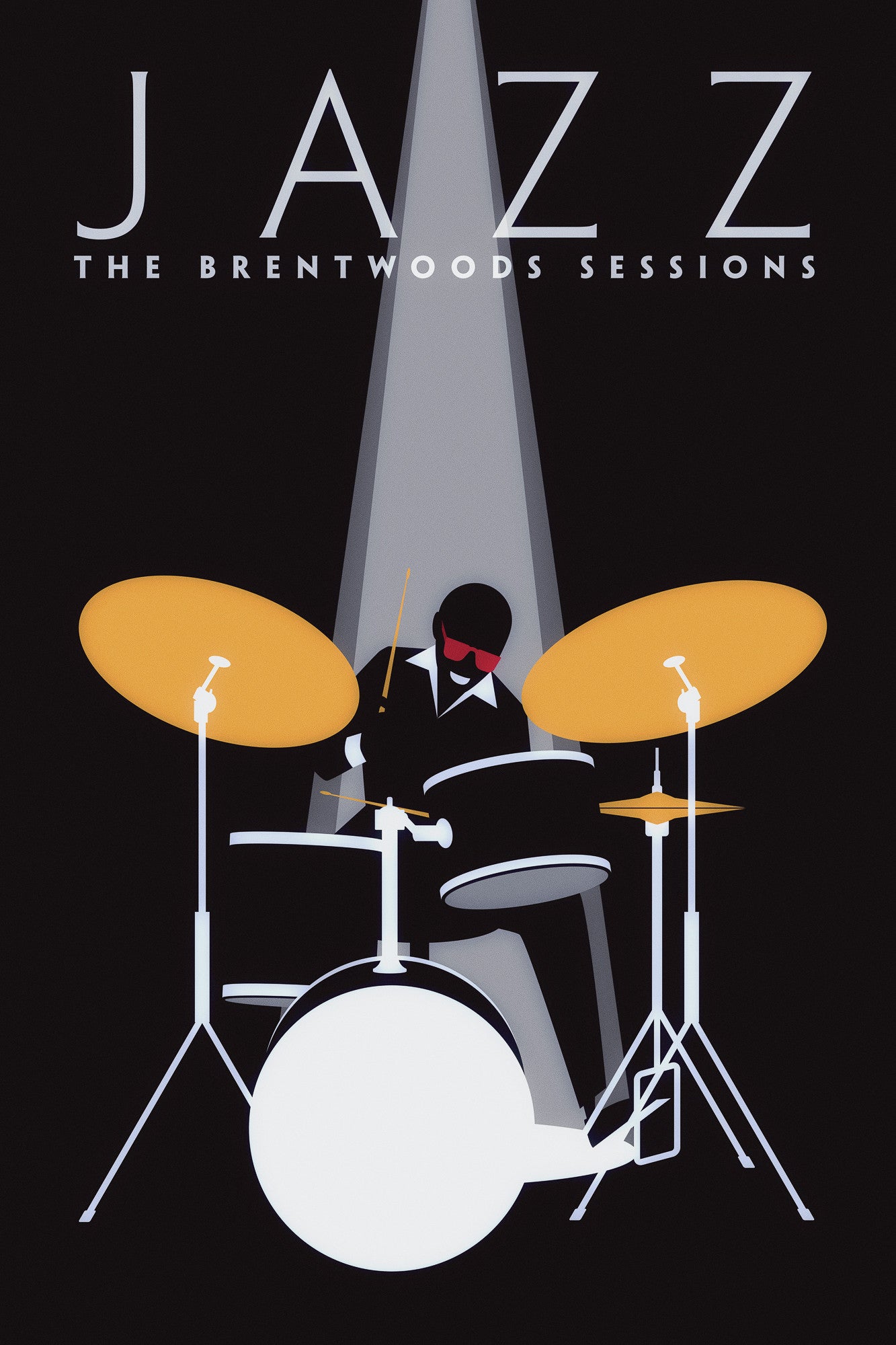 Black graphic giclee art print of male jazz drummer with spotlight.