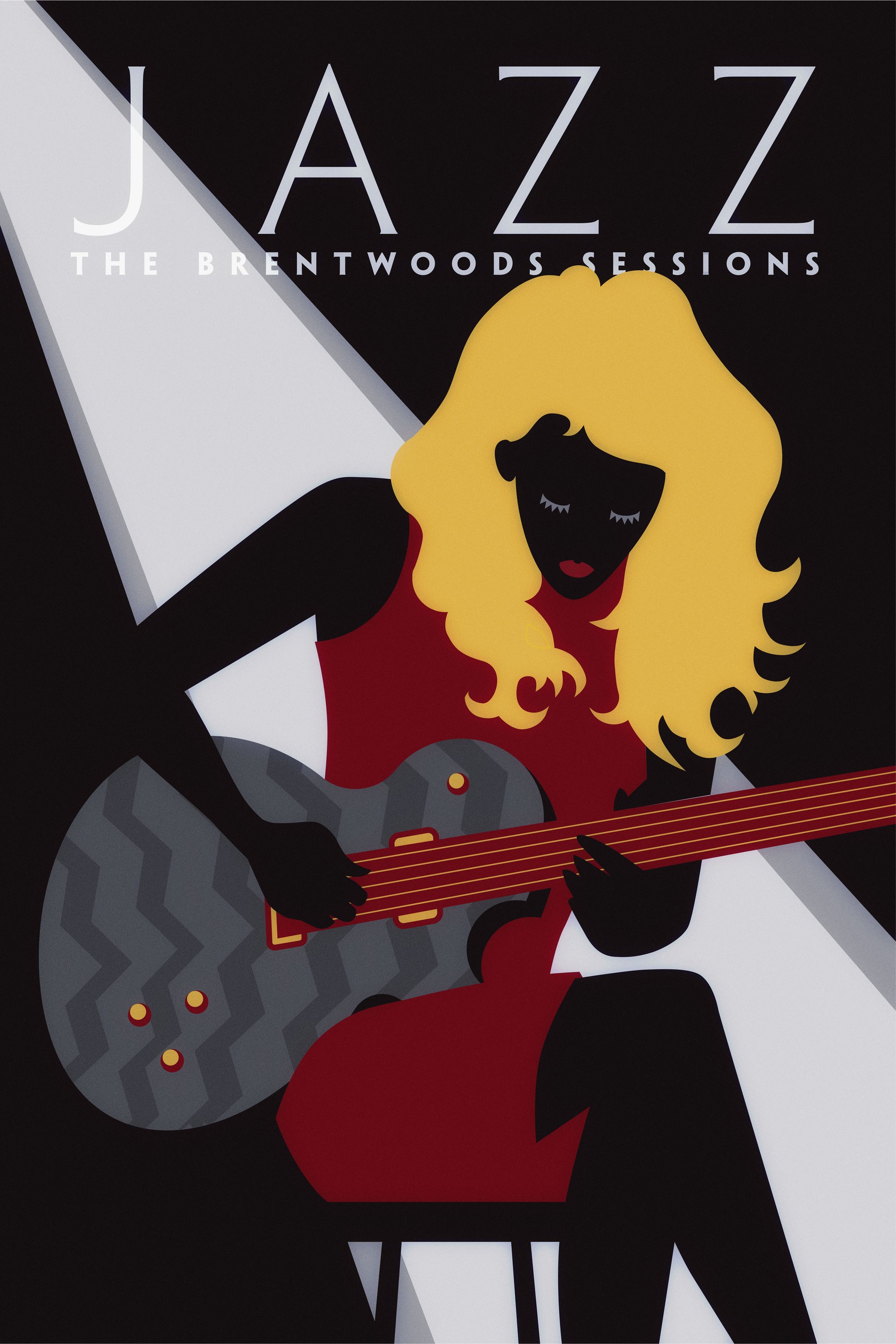 Black graphic giclee art print of blonde female jazz guitarist with spotlight.