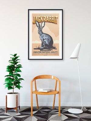 Vintage style humorous Jackrabbit art print with ornate type inspired by old travel, national parks and wildlife posters.