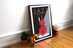 Black graphic giclee art print of male jazz stand up bass player with spotlight.