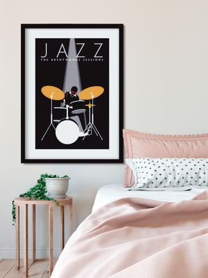 Black graphic giclee art print of male jazz drummer with spotlight.