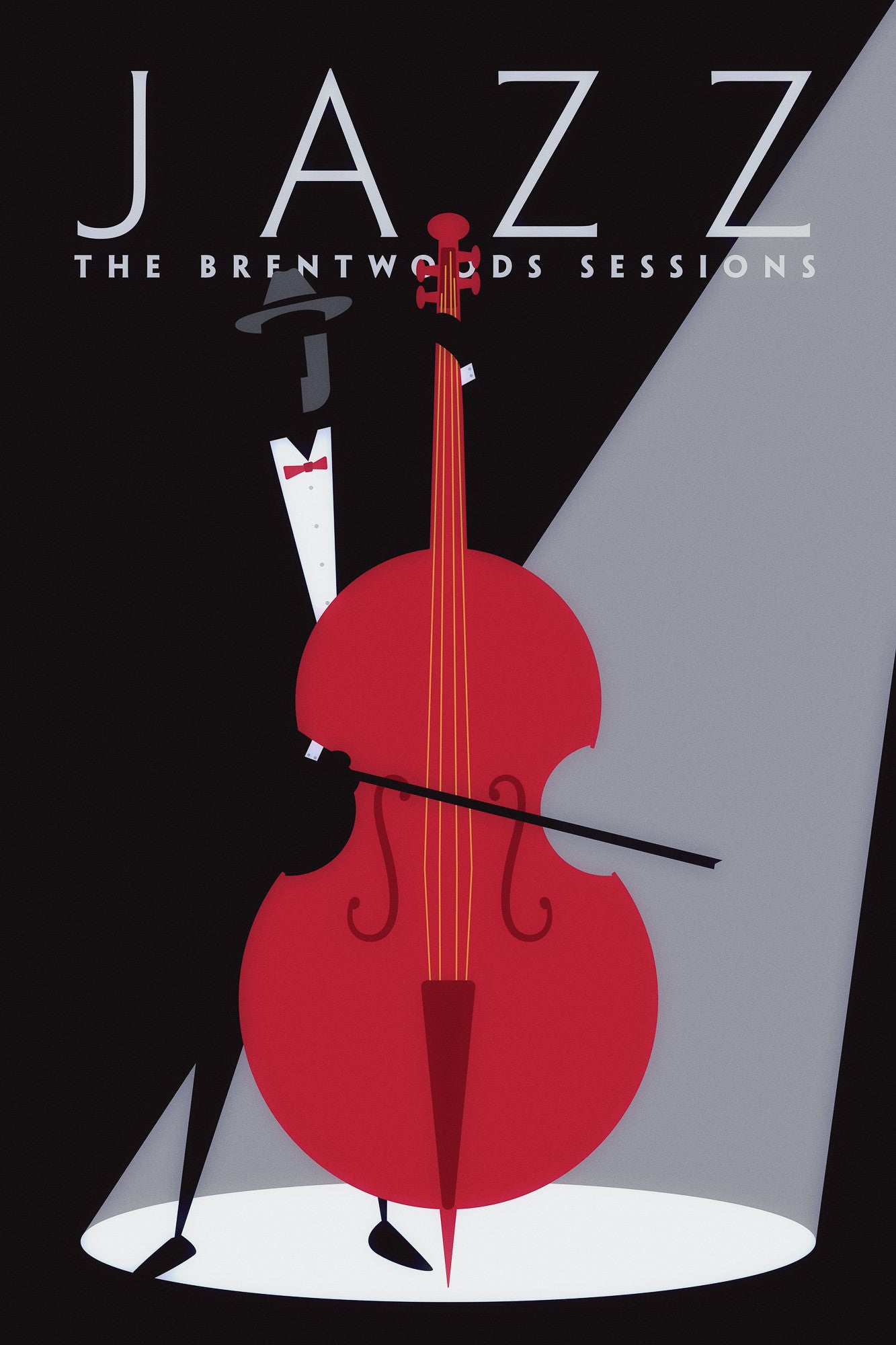 Black graphic giclee art print of male jazz stand up bass player with spotlight.