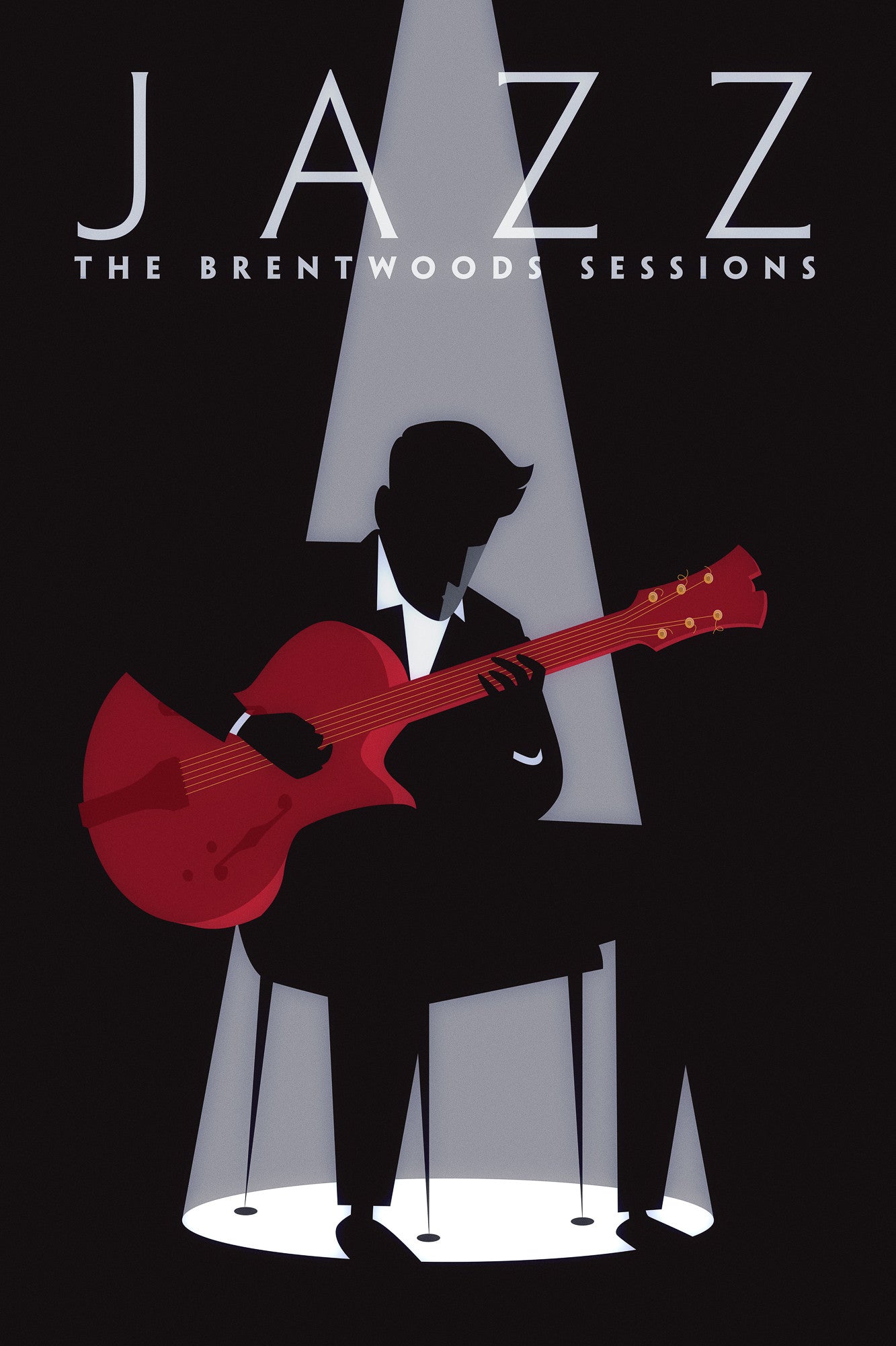 Black graphic giclee art print of male jazz guitarist with spotlight.
