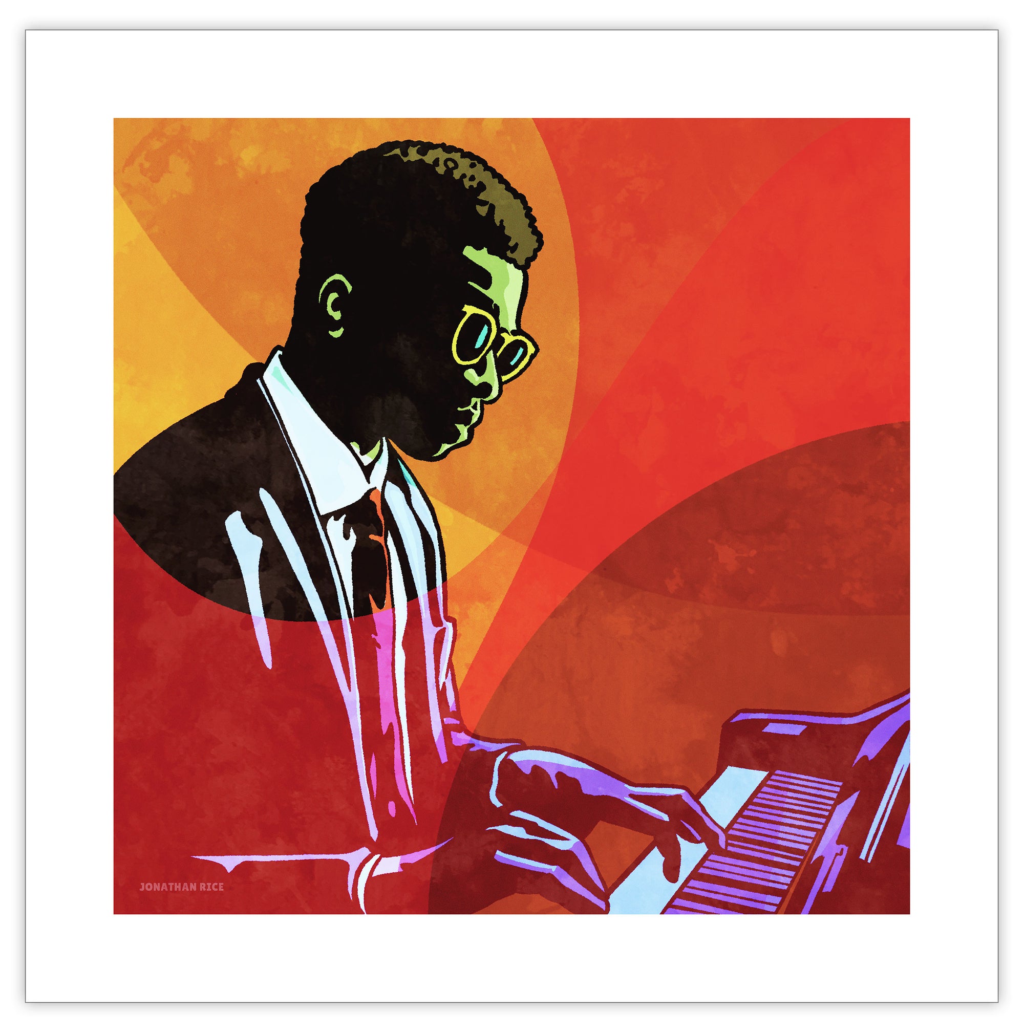 An upbeat and colorful print of cool New Orleans Jazz Pianist. Bold graphic lines and bright colorful shapes create an energetic portrait of the black musician. 