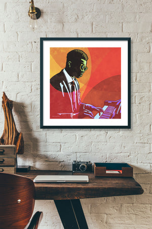 An upbeat and colorful print of a cool New Orleans Jazz Pianist. Bold graphic lines and bright colorful shapes create an energetic portrait of the black musician. 