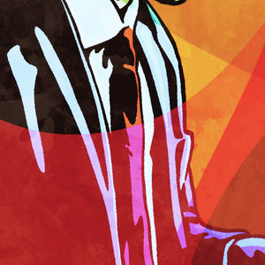 Detail of An upbeat and colorful print of a cool New Orleans Jazz Pianist. Bold graphic lines and bright colorful shapes create an energetic portrait of the black musician. 