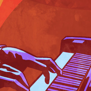 Detail of An upbeat and colorful print of a cool New Orleans Jazz Pianist. Bold graphic lines and bright colorful shapes create an energetic portrait of the black musician. 