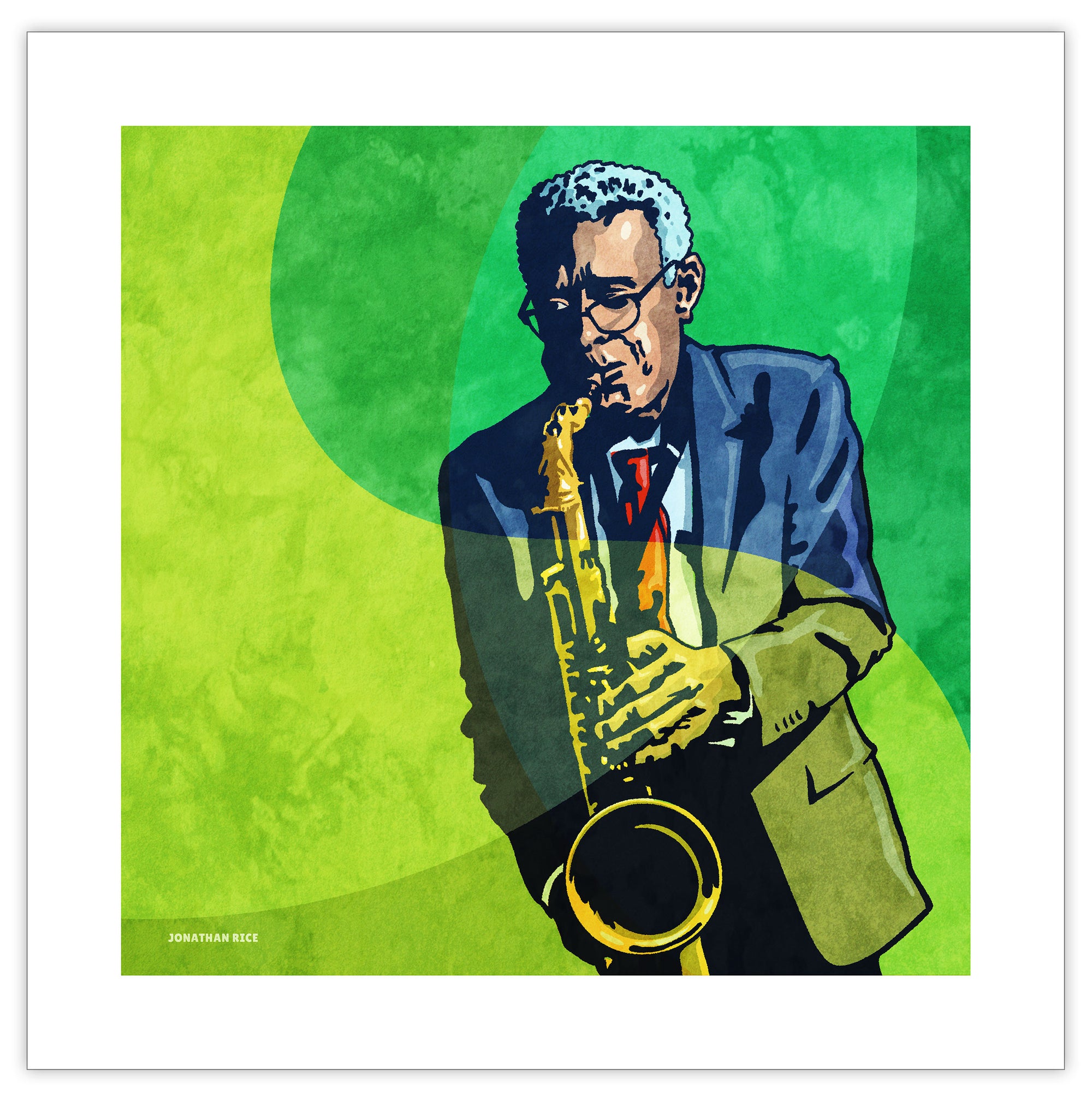 An upbeat and colorful print of cool New Orleans Jazz Saxophonist Charlie Gabriel. Bold graphic lines and bright colorful shapes create an energetic portrait of the black musician. 