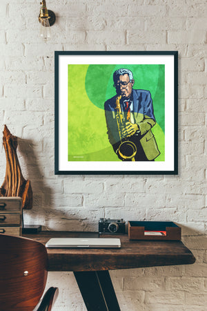 An upbeat and colorful print of cool New Orleans Jazz Saxophonist Charlie Gabriel. Bold graphic lines and bright colorful shapes create an energetic portrait of the black musician. 