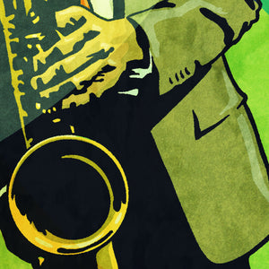 Detail of An upbeat and colorful print of cool New Orleans Jazz Saxophonist Charlie Gabriel. Bold graphic lines and bright colorful shapes create an energetic portrait of the black musician. 