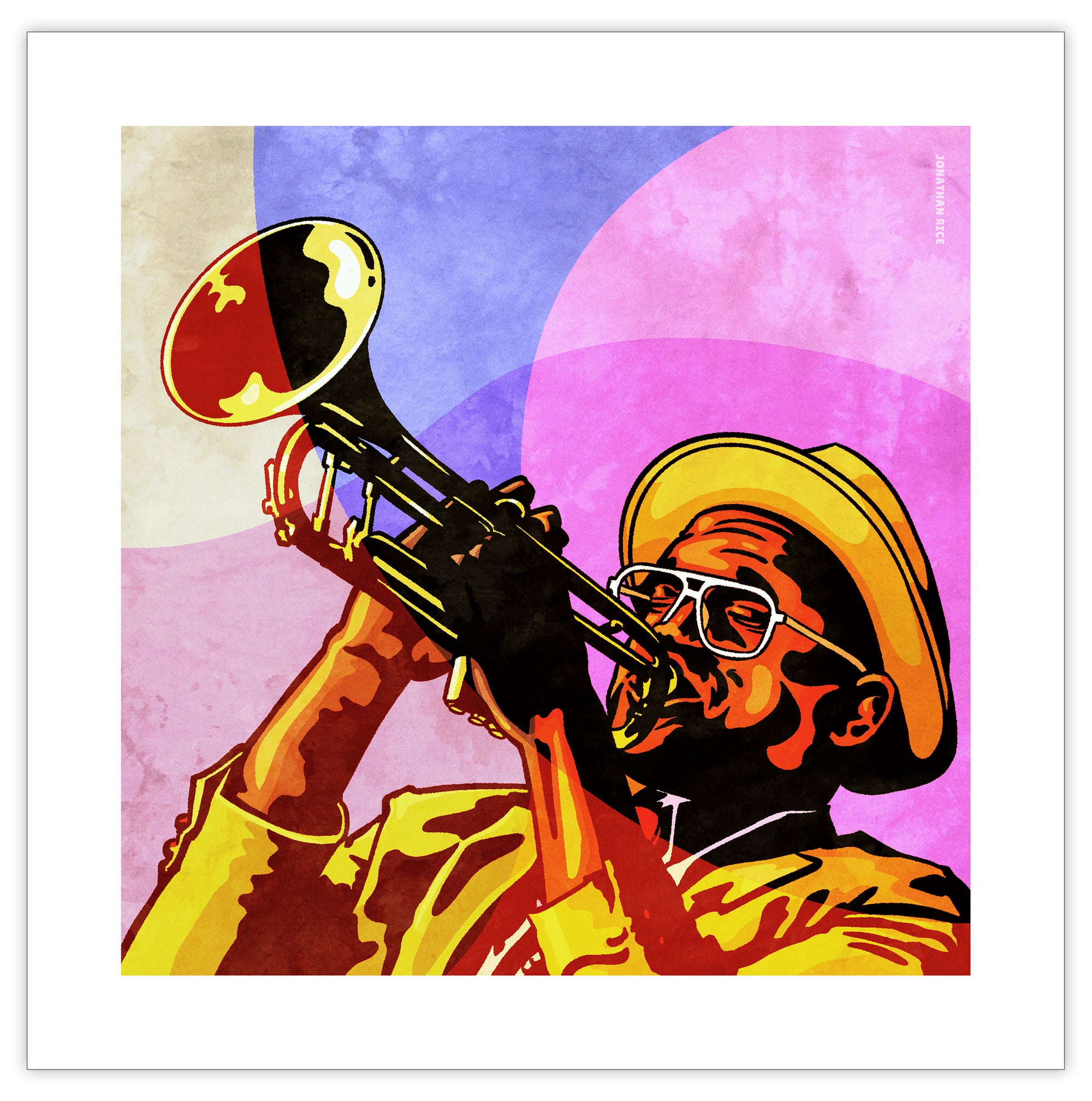 An upbeat and colorful print of New Orleans Jazz Trumpeter Branden Lewis. Bold graphic lines and bright colorful shapes create an energetic portrait of the black musician. 